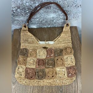 546 Tommy Bahama Handcrafted Crochet Flower Straw Tote Bag - Tan & Brown